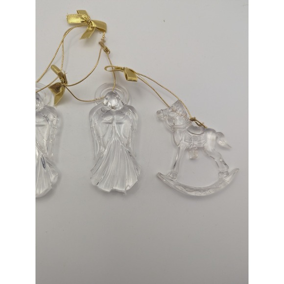 Vtg Set 4 Clear Acrylic Rocking Horse Angel Christmas Ornaments Gold‎ Bows - Picture 6 of 6